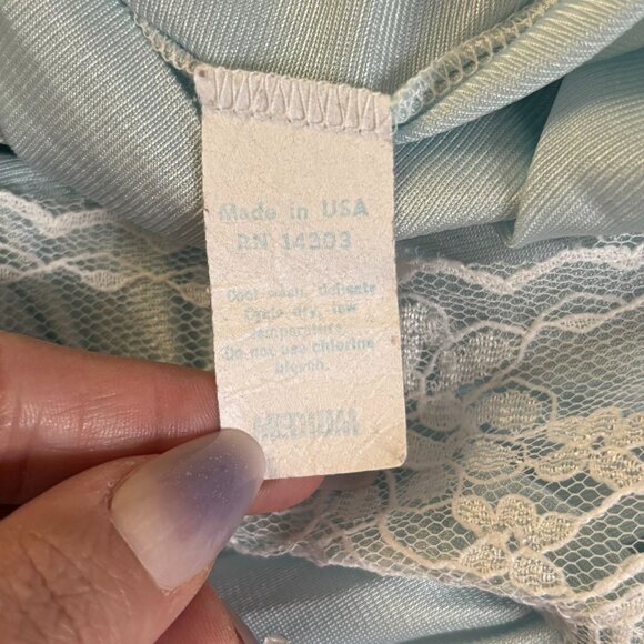Vintage 80s Nightgown Robe Pengoir Set Medium Blue Lace Nylon Short Sleeves - Picture 9 of 10